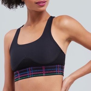 TEREZ PLAID GLITTER ELASTIC RIBBED BLACK SPORTS BRA LARGE PURPLE